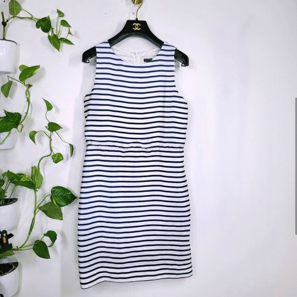 J. CREW Blue White Mini Dress 4 SMALL Striped Round Neck Sleeveless Stretch - Picture 2 of 4